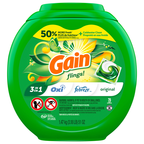 Gain Flings! Original 3-in-1 Laundry Detergent Pacs - 76 ct