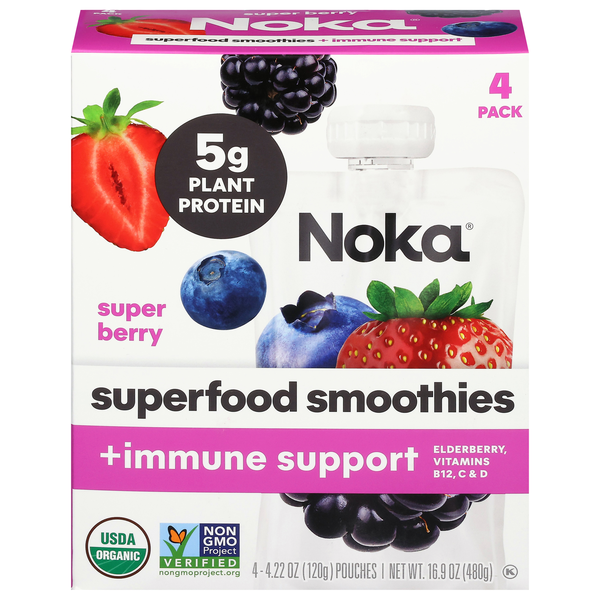 Noka Organic Super Berry Superfood Smoothie + Immune Support - 4 ct