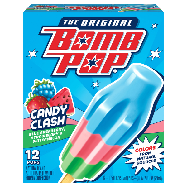Bomb Pop Candy Clash Blue Raspberry Strawberry & Watermelon Ice Pops 12 ct