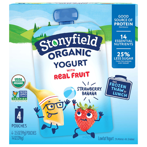 Stonyfield Organic Kids Low Fat Strawberry Banana Yogurt Pouch - 4 ct