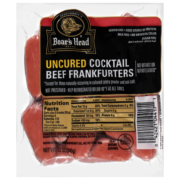 Boar's Head Uncured Beef Cocktail Frankfurters - apx 30 ct
