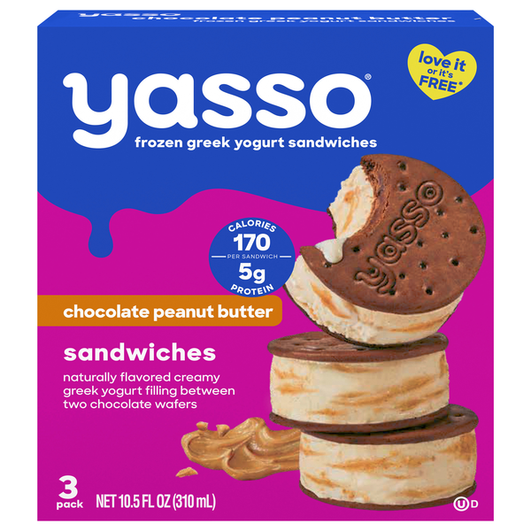 Yasso Chocolate Peanut Butter Greek Yogurt Sandwiches - 3 ct