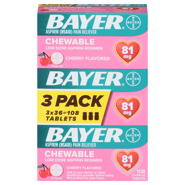 Bayer Aspirin 81mg Pain Reliever Cherry Chewable Tablets 36 ct ea - 3 pk