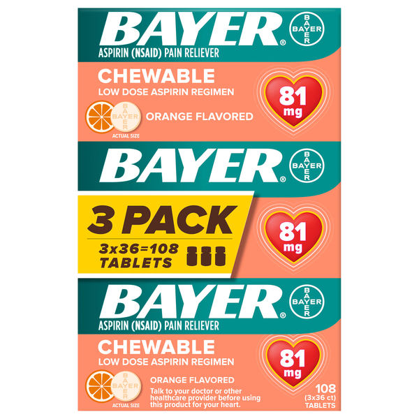 Bayer Orange Chewable Low Dose Aspirin Pain Relief Tablets - 3 pk