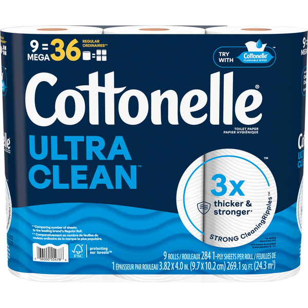 Cottonelle Ultra Clean Mega Roll 1-Ply Toilet Paper Unscented - 9 ct