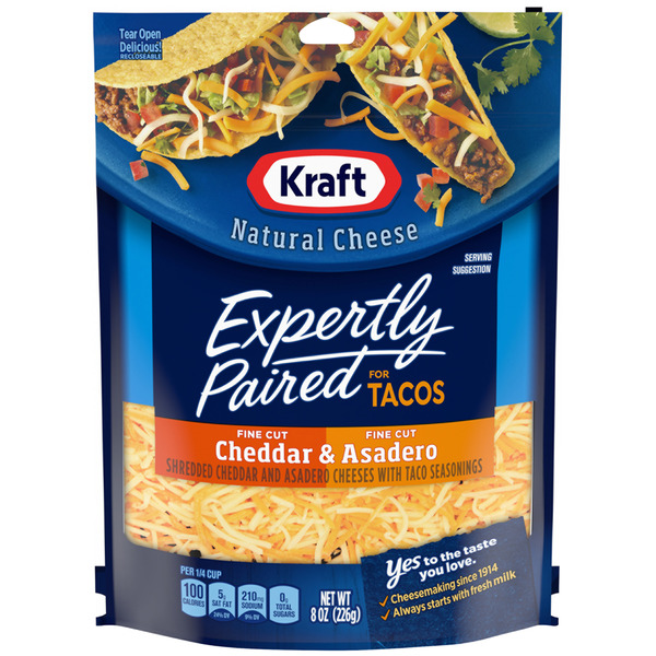Save on Kraft Expertly Paired Cheddar & Asadero Cheese for Tacos Fine