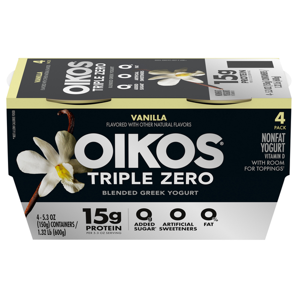 Oikos Triple Zero 15g Protein Non Fat Vanilla Blended Greek Yogurt Cup 4ct
