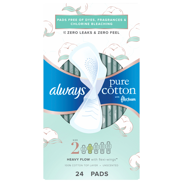 Save on Always Pure Cotton Size 2 Unscented Heavy Flow Pads with Wings