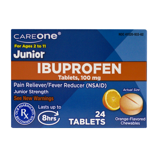 CareOne Junior Strength Pain Fever Organge Ibuprofen Chewable Tablets