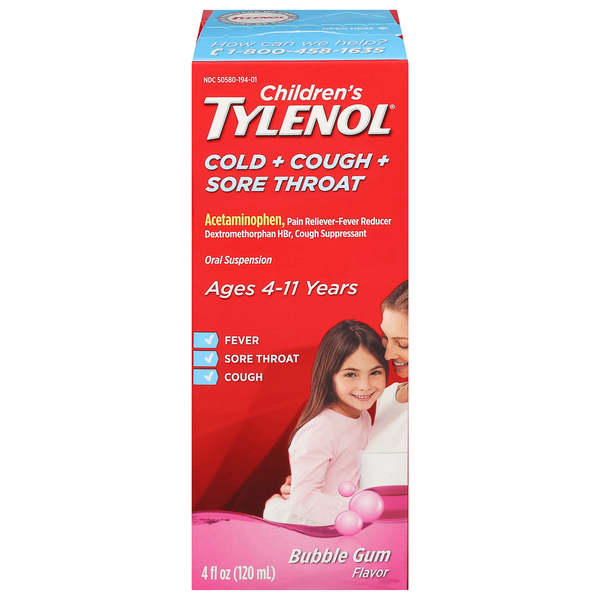 Tylenol Children's Acetaminophen Cold + Cough + Sore Throat Bubblegum