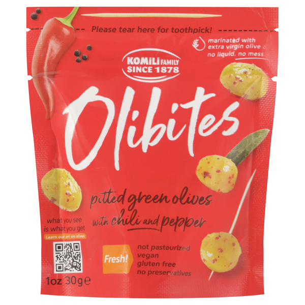 Olibites Pitted Green Olives Snack with Chili & Pepper Marinated