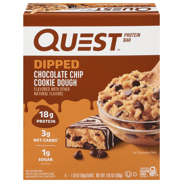 Quest Keto Friendly Dipped Chocolate Chip Cookie Dough 18g Protein Bar 4ct