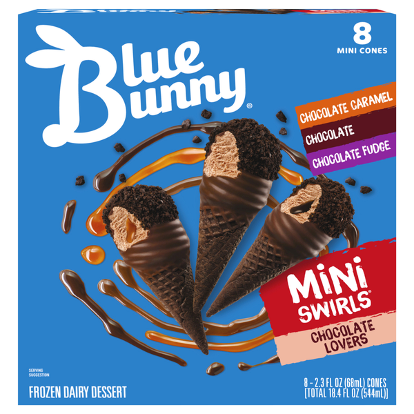 Blue Bunny Mini Swirls Cones Chocolate Lovers Variety Frozen Desserts 8 ct