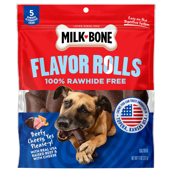 Milk-Bone Flavor Rolls Beefy Cheesy Rawhide Free Dog Treats - 5 ct