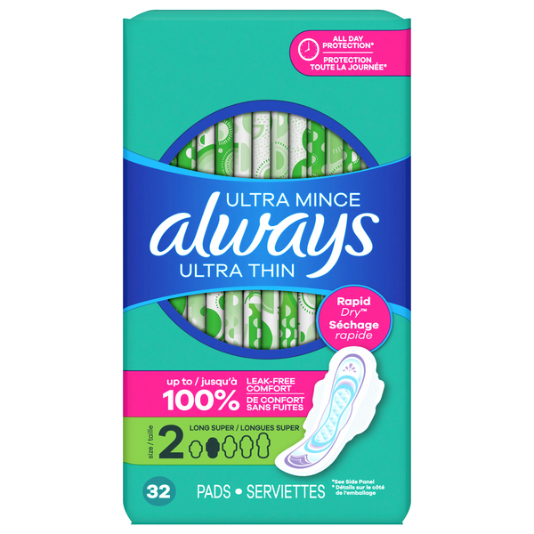 Always Ultra Thin Size 2 Unscented Long Super Pads with Wings