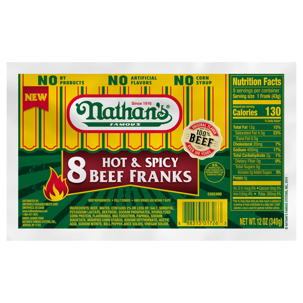 Nathan's Famous Hot & Spicy Beef Franks - 8 ct