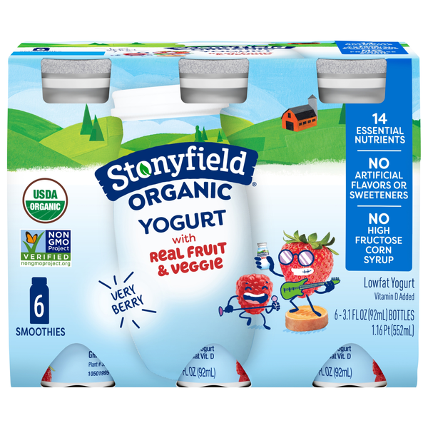 Stonyfield Organic Kids Low Fat Very Berry Yogurt Smoothies - 6 ct