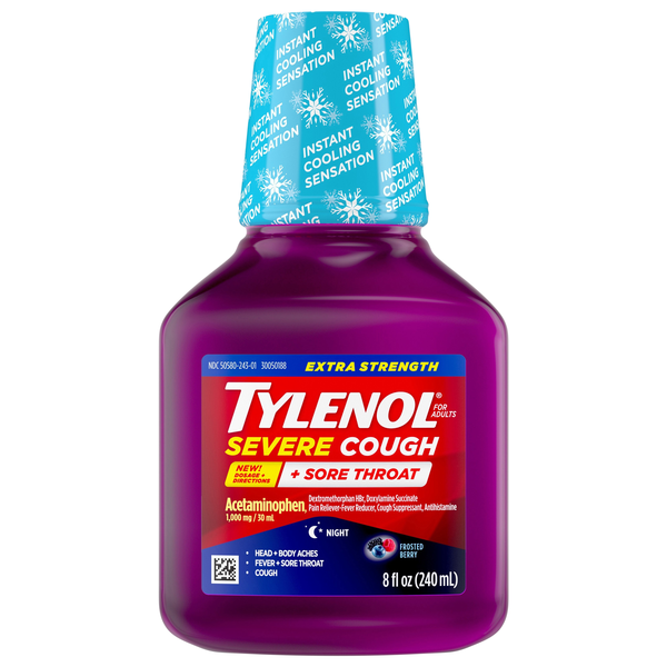 Tylenol Extra Strength Severe Cough + Sore Throat Night Liquid Frosted Berry
