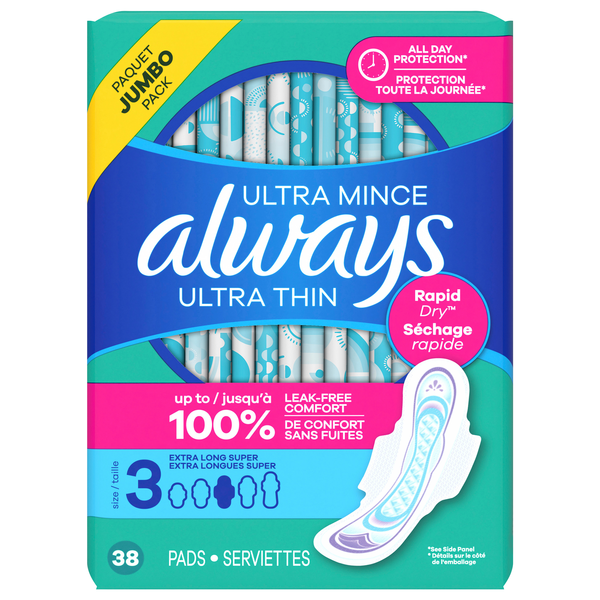 Always Ultra Thin Size 3 Unscented Extra Long Super Pads with Wings