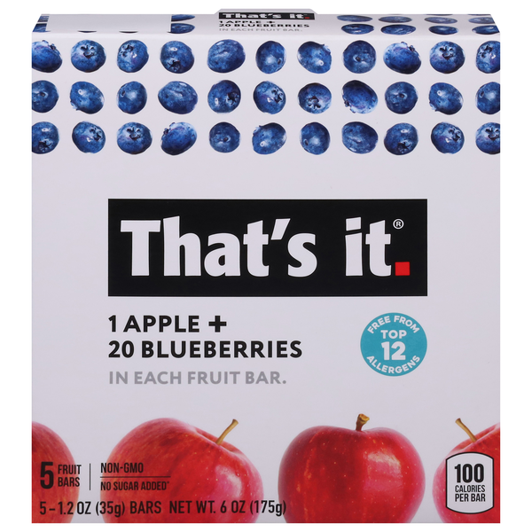 That's It Gluten Free No Sugar Added 1 Apple + 20 Blueberries Bars - 5 ct