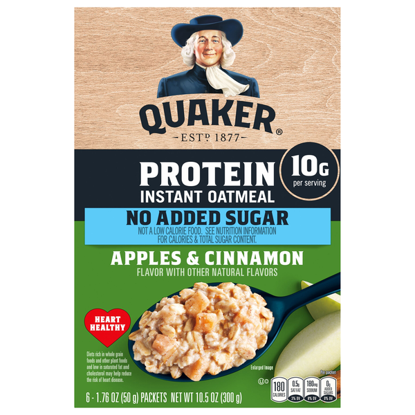 Quaker No Sugar Added Apples & Cinnamon Protein Instant Oatmeal - 6 ct