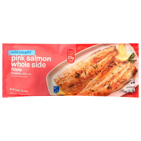 Wild Caught Whole Side Boneless Skin-On Pink Salmon Fillets Frozen