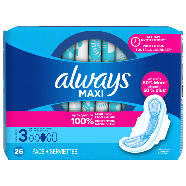 Always Maxi Size 3 Unscented Extra Long Super Pads with Wings