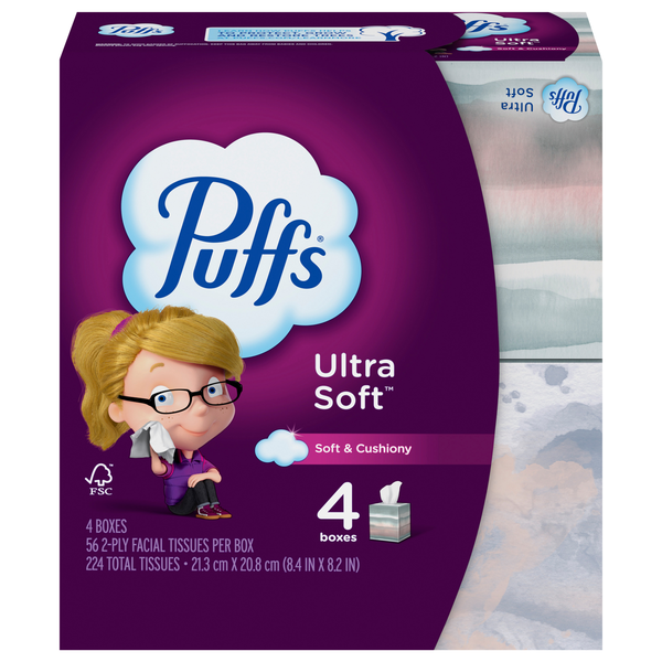 Puffs Ultra Soft 2-Ply Facial Tissue Cube Box 56 ct ea - 4 pk