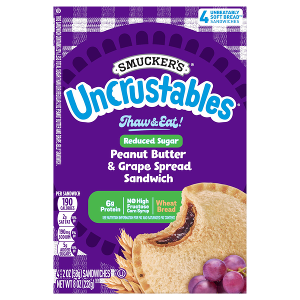 Smucker's Uncrustables Reduced Sugar Peanut Butter & Grape Sandwich - 4 ct