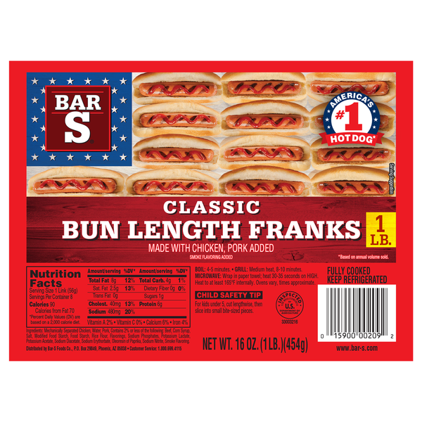 Bar-S Bun Length Classic Chicken & Pork Franks - 8 ct
