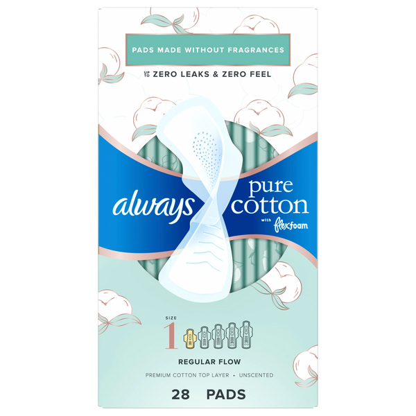 Always Pure Cotton Size 1 Unscented Regular Flow Pads with Wings