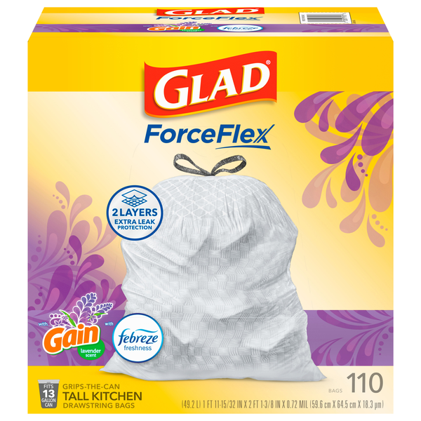 Glad ForceFlex Gain Lavender Tall Kitchen Drawstring Bags 13 Gallon
