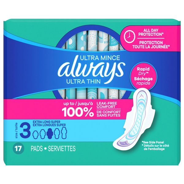 Always Ultra Thin Size 3 Unscented Extra Long Super Pads with Wings
