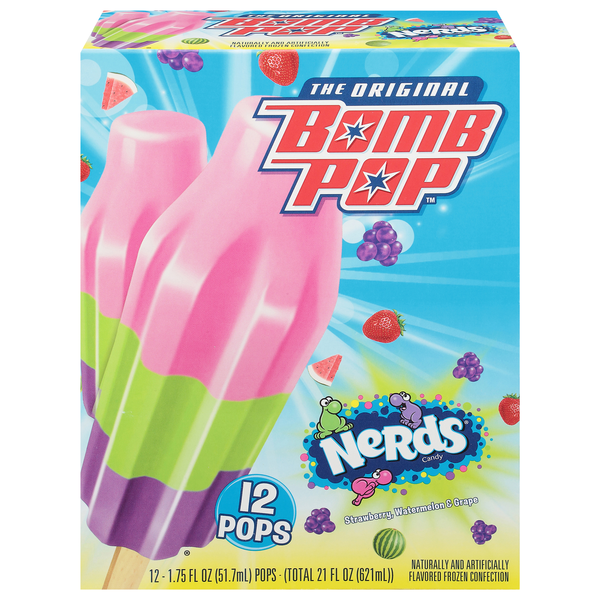Bomb Pop Nerds Candy Strawberry Watermelon & Grape Ice Pops - 12 ct